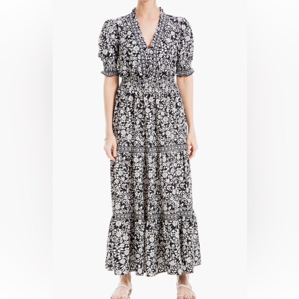 Max Studio Floral Short Sleeve Tiered Maxi Dress Size Small